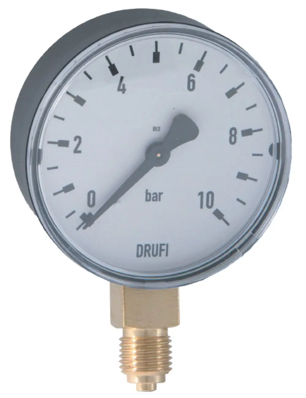 Manometer mit einer Skala von 0 bis 10 bar, mit schwarzem Gehäuse und einem Anschluss aus Messing. Auf dem Zifferblatt ist die Marke "Syr" sichtbar.